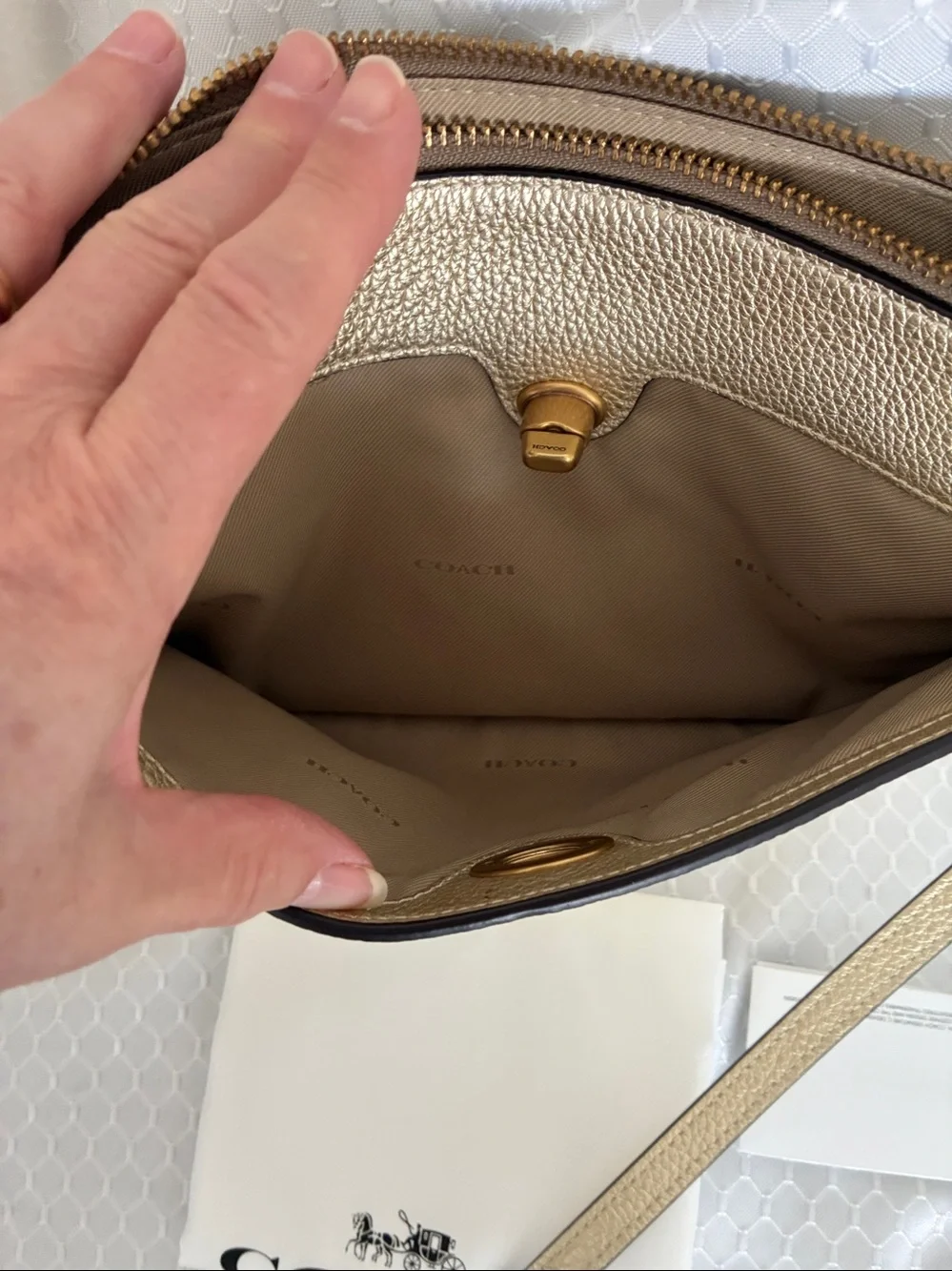 Coach NWOT Polly Crossbody Soft Gold Pebbled Leather